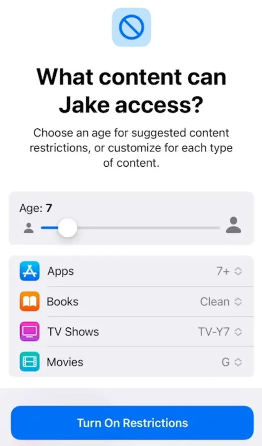 Apple Screen Time settings with options to restrict what kind of content a 7-year old child can access